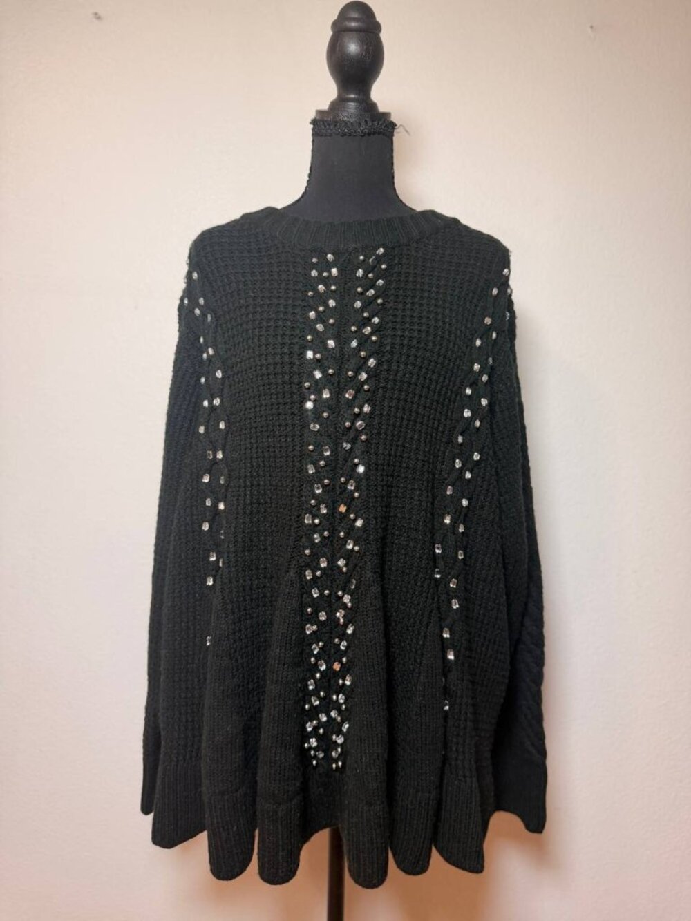 Plus Size Roaman's Black Embellished Cable Knit Sweater Rhinestone Swing Glam
